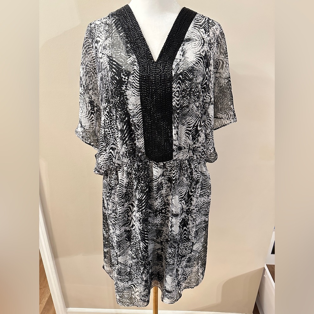 Belle by Badgley Mischka Beaded Zebra Print Dress